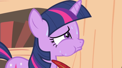 Size: 1920x1080 | Tagged: safe, derpibooru import, screencap, twilight sparkle, unicorn twilight, pony, unicorn, it's about time, frown, golden oaks library, puffy cheeks, quill, solo, sweat, tickling