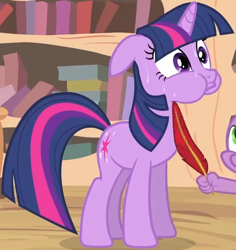 Size: 1242x1313 | Tagged: safe, derpibooru import, screencap, spike, twilight sparkle, unicorn twilight, dragon, pony, unicorn, it's about time, cropped, floppy ears, frown, golden oaks library, puffy cheeks, quill, solo focus, sweat, tickling