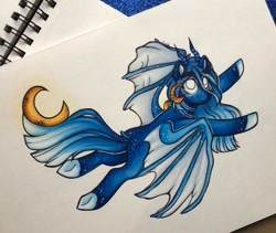 Size: 1280x1078 | Tagged: safe, artist:canadianpancake1, derpibooru import, oc, oc only, flying, horns, marker drawing, moon, solo, traditional art