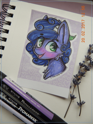 Size: 2121x2828 | Tagged: safe, artist:canadianpancake1, derpibooru import, oc, pony, blushing, bust, happy, headshot commission, horns, marker drawing, portrait, simple background, traditional art