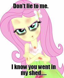 Size: 474x574 | Tagged: safe, derpibooru import, fluttershy, better together, equestria girls, .mov, black eye, blood, bloody mouth, bruised, butchershy, caption, crossed arms, evil smirk, fluttershed, imminent death, impending doom, meme, scar, shed.mov, smiling, smirk, stay out of my shed, text, this will end in death