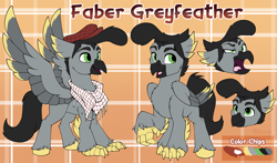 Size: 3733x2200 | Tagged: safe, artist:breioom, derpibooru import, oc, oc:faber greyfeather, bird, hippogriff, hat, hippogriff oc, male, quail, reference sheet, shamag, solo, stallion