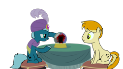 Size: 1366x768 | Tagged: safe, artist:lazymort, derpibooru import, oc, oc only, oc:mort elstar, oc:olavsson, pony, it's about time, crystal ball, mystical orb, orb, pillow, simple background, table, transparent background