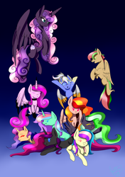 Size: 1540x2187 | Tagged: safe, artist:minelvi, derpibooru import, oc, oc only, alicorn, pegasus, pony, unicorn, alicorn oc, bored, flying, horn, pegasus oc, smiling, unicorn oc, wings