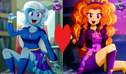 Size: 3000x1773 | Tagged: safe, artist:the-butch-x, derpibooru import, edit, adagio dazzle, trixie, equestria girls, female, heart, lesbian, shipping, shipping domino, triagio