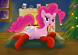 Size: 3508x2480 | Tagged: safe, alternate version, artist:eel's stuff, pinkie pie, earth pony, pony, candy cane, christmas tree, detailed background, female, fireplace, lingerie, looking at you, mare, seductive, socks, solo, tongue out