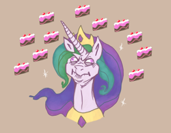 Size: 980x760 | Tagged: safe, artist:rets, edit, princess celestia, alicorn, pony, bust, cake, cakelestia, crown, ethereal mane, female, food, horn, jewelry, long horn, mare, regalia, simple background, solo, sparkles