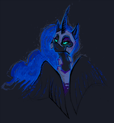 Size: 980x1060 | Tagged: safe, artist:rets, edit, nightmare moon, alicorn, pony, armor, black background, bust, ethereal mane, female, helmet, horn, lidded eyes, long horn, mare, simple background, slit eyes, solo, wings