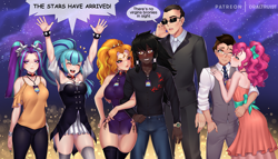 Size: 1920x1097 | Tagged: source needed, safe, artist:draltruist, adagio dazzle, aria blaze, pinkie pie, sonata dusk, oc, oc:copper plume, oc:midnight radiance (sixpathspony), human, adagiazonga dazzle, aria bazookas, blushing, bodyguard, breasts, busty dazzlings, canon x oc, clothes, commission, copperpie, cringe, dazzlings, delusional, dialogue, dress, eyes closed, female, grin, hands in the air, humanized, kiss on the cheek, kissing, male, nervous, nervous grin, one eye closed, open mouth, pinkie pies, shipping, smiling, sonata bust, straight, suit, the dazzlings