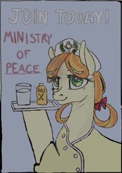 Size: 578x817 | Tagged: safe, artist:sourcherry, derpibooru import, edit, tag-a-long, earth pony, fallout equestria, beverage, charity, fanfic art, female, mare, medicine, ministry of peace, nurse outfit, older, photoshop, smiling, solo, thin mint