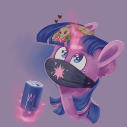 Size: 900x900 | Tagged: safe, artist:krista-21, derpibooru import, twilight sparkle, pony, tortoise, bust, eating, face mask, floating heart, food, heart, magic, mask, scorpio, sitting on head, soda can, strawberry, telekinesis