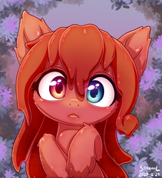 Size: 1600x1760 | Tagged: safe, artist:symbianl, derpibooru import, oc, oc only, oc:cherry slime, original species, pony, bust, female, filly, heterochromia, looking at you, open mouth, solo
