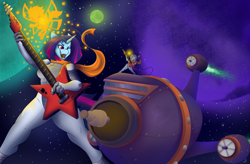 Size: 3344x2192 | Tagged: safe, artist:freehdmcgee, derpibooru import, oc, oc:pixel dust, oc:pluto planitia, anthro, breezie, unicorn, clothes, commission, female, glow, guitar, musical instrument, planet, retro rocket, scarf, space, spaceship, spacesuit, stars