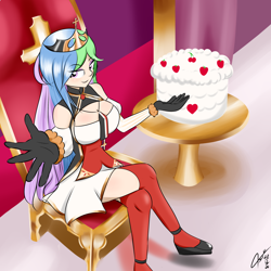 Size: 2000x2000 | Tagged: safe, artist:asajiopie01, derpibooru import, princess celestia, human, azur lane, breasts, cake, clothes, crown, food, gloves, humanized, jewelry, looking at you, regalia, sitting, throne, throne room