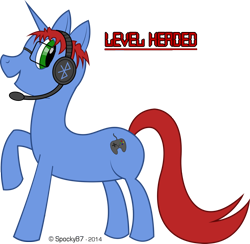 Size: 1484x1449 | Tagged: safe, artist:spocky87, derpibooru import, oc, oc only, oc:level headed, pony, unicorn, commission, cutie mark, digital art, glasses, headset, horn, male, simple background, solo, stallion, tail, text, transparent background
