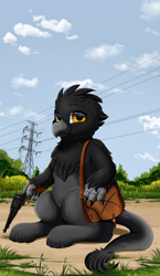 Size: 3000x5159 | Tagged: safe, artist:pridark, oc, oc only, griffon, absurd resolution, commission, glasses, griffon oc, gun, male, outdoors, shoulder bag, sitting, solo