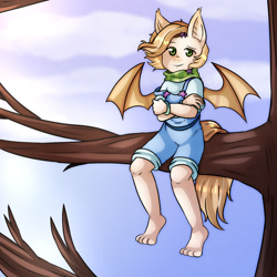 Size: 1280x1280 | Tagged: safe, artist:martenmartes, derpibooru import, oc, oc only, oc:fiery star, anthro, bat pony, plantigrade anthro, bat pony oc, bat wings, clothes, crossed arms, digital art, looking at you, sitting, solo, tail, tree, tree branch, wings