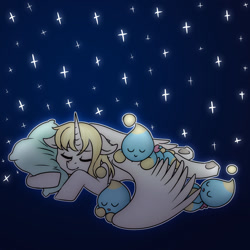 Size: 1280x1280 | Tagged: safe, artist:martenmartes, derpibooru import, oc, oc only, alicorn, pony, alicorn oc, commission, digital art, eyes closed, hooves, horn, pillow, sleeping, spread wings, stars, wings