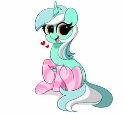 Size: 4096x3787 | Tagged: safe, artist:kittyrosie, derpibooru import, lyra heartstrings, pony, unicorn, blushing, clothes, cute, floating heart, heart, open mouth, redraw, remake, simple background, sitting, smiling, socks, solo, striped socks, white background
