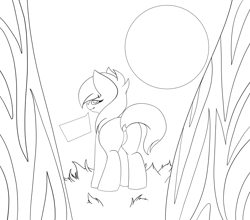 Size: 3023x2663 | Tagged: safe, artist:the-narrator, artist:theunidentifiedchangeling, derpibooru import, oc, oc:revy(theunidentifiedchangeling), pony, flank, forest background, looking at you, looking back, looking back at you, monochrome, moon, sketch, solo, speech bubble