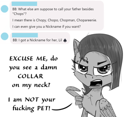 Size: 1400x1307 | Tagged: safe, artist:chopsticks, derpibooru import, oc, oc only, oc:cookie cutter, pegasus, pony, ask, ask cookie cutter, cheek fluff, chest fluff, dialogue, ear fluff, ears, female, filly, looking at you, monochrome, pointing, solo, text, vulgar, wing hands, wings