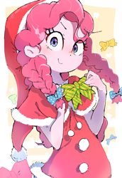 Size: 880x1280 | Tagged: safe, artist:nendo, derpibooru import, pinkie pie, equestria girls, alternate hairstyle, bow, braided pigtails, christmas, clothes, costume, cute, diapinkes, hair bow, hat, holiday, ribbon, santa costume, santa hat, solo