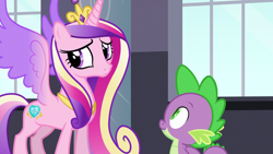 Size: 1920x1080 | Tagged: safe, derpibooru import, screencap, princess cadance, spike, alicorn, dragon, pony, princess spike (episode), female, male, mare