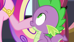 Size: 1920x1080 | Tagged: safe, derpibooru import, screencap, princess cadance, spike, alicorn, dragon, pony, princess spike (episode), female, male, mare