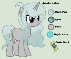 Size: 1892x1556 | Tagged: safe, artist:lominicinfinity, derpibooru import, oc, oc:smoke ashes, pony, unicorn, female, mare, reference sheet, simple background, solo