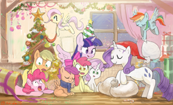 Size: 3415x2081 | Tagged: safe, artist:nendo, derpibooru import, apple bloom, applejack, fluttershy, pinkie pie, rainbow dash, rarity, scootaloo, sweetie belle, twilight sparkle, twilight sparkle (alicorn), alicorn, earth pony, pegasus, pony, unicorn, blank flank, candy, candy cane, carrying, christmas, christmas decoration, christmas tree, clothes, cute, cutie mark crusaders, decorating, eyes closed, female, filly, flying, food, garland, hat, high res, holiday, hoof hold, indoors, mane six, mare, open mouth, pinkie being pinkie, present, ribbon, sack, santa hat, scarf, sitting, spread wings, tree, wings