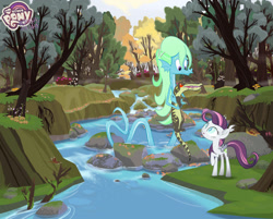 Size: 1280x1031 | Tagged: safe, artist:keafonthelookinglass, derpibooru import, oc, oc:fluorescence, oc:sarah faucet, bat pony, sea serpent, female, filly, neighflheim, river, stream, your other pony