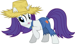 Size: 647x379 | Tagged: safe, artist:sollace, derpibooru exclusive, derpibooru import, rarity, pony, unicorn, simple ways, spoiler:harvesting memories, .svg available, clothes, cute, hat, open mouth, overalls, raised leg, rarihick, simple background, solo, still fabulous, straw hat, svg, transparent background, vector