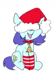 Size: 1094x1551 | Tagged: safe, artist:neoncel, derpibooru import, oc, oc only, oc:raven mcchippy, earth pony, pony, bell, bell collar, christmas, clothes, collar, hat, holiday, santa hat, simple background, socks, solo, striped socks, white background