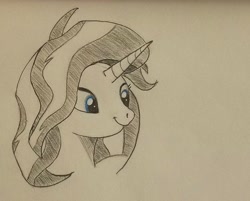 Size: 1742x1404 | Tagged: safe, artist:polar_storm, derpibooru import, sunset shimmer, pony, unicorn, blue eyes, bust, monochrome, neo noir, partial color, simple background, smiling, solo, traditional art, white background