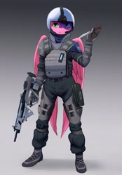 Size: 2856x4096 | Tagged: safe, artist:mrscroup, derpibooru import, oc, oc only, anthro, pegasus, plantigrade anthro, anthro oc, assault rifle, body armor, boots, clothes, fatigues, gun, helmet, knife, rifle, solo, weapon