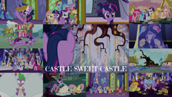 Size: 1990x1119 | Tagged: safe, derpibooru import, edit, edited screencap, editor:quoterific, screencap, applejack, fluttershy, pinkie pie, rainbow dash, rarity, spike, twilight sparkle, twilight sparkle (alicorn), alicorn, dragon, earth pony, pegasus, pony, unicorn, castle sweet castle, alternate hairstyle, golden oaks library, hay bale, i'm pancake, mane seven, mane six, punklight sparkle, twilight's castle