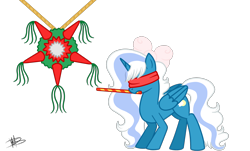 Size: 2024x1221 | Tagged: safe, artist:princessmoonsilver, derpibooru import, oc, oc:fleurbelle, alicorn, alicorn oc, baphomet, blindfold, bow, female, hair bow, horn, mare, piñata, simple background, stick, transparent background, wings