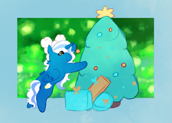 Size: 747x535 | Tagged: safe, artist:snailnation, derpibooru import, oc, oc:fleurbelle, alicorn, alicorn oc, bow, chibi, christmas, christmas tree, cute, female, hair bow, holiday, horn, mare, present, tree, wings