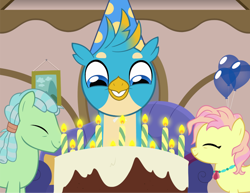 Size: 858x663 | Tagged: safe, artist:queencold, derpibooru import, gallus, high tide (g4), earth pony, griffon, balloon, beachcomber (g4), birthday cake, cake, candle, cute, female, food, gallabetes, happy, hat, male, mare, party hat, smiling, stallion