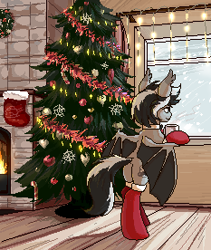 Size: 233x276 | Tagged: safe, artist:tigra0118, derpibooru import, oc, oc only, bat pony, pony, christmas, christmas lights, christmas stocking, christmas tree, female, holiday, new year, picture for breezies, pixel art, solo, tree