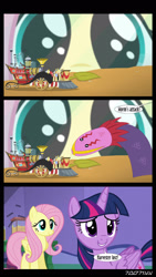 Size: 1288x2282 | Tagged: safe, derpibooru import, edit, edited screencap, editor:teren rogriss, screencap, flam, flim, fluttershy, twilight sparkle, twilight sparkle (alicorn), alicorn, pegasus, pony, tatzlwurm, unicorn, the one where pinkie pie knows, ant farm, dune, miniaturized, super speedy cider squeezy 6000, twilight's castle