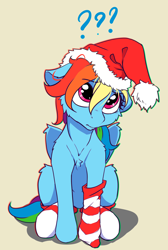 Size: 2056x3064 | Tagged: safe, artist:alcor, derpibooru import, rainbow dash, pegasus, pony, christmas, clothes, ears, floppy ears, hat, holiday, question mark, santa hat, socks, solo, striped socks