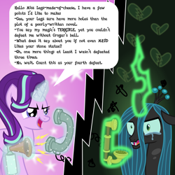 Size: 6969x6969 | Tagged: safe, artist:kmlp, derpibooru exclusive, derpibooru import, queen chrysalis, starlight glimmer, changeling, changeling queen, pony, unicorn, absurd resolution, abuse, airhorn, chrysabuse, crying, dialogue, insulted, levitation, magic, offended, phone, revenge, shots fired, smiling, teary eyes, telekinesis, telephone, verbal abuse