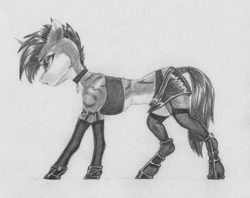 Size: 3062x2430 | Tagged: safe, artist:joestick, derpibooru import, oc, oc only, pony, unicorn, clothes, female, mare, monochrome, shoes, socks, stockings, thigh highs, traditional art