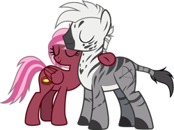Size: 2500x1863 | Tagged: safe, artist:bnau, derpibooru import, oc, oc:gallagher, oc:zeny, pegasus, zebra, eyes closed, fangs, female, hug, male, race swap, simple background, size difference, transparent background, vector