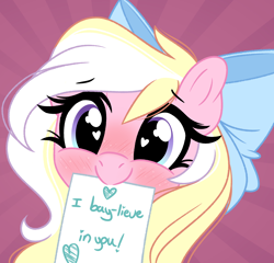 Size: 2434x2341 | Tagged: safe, artist:emberslament, derpibooru import, oc, oc only, oc:bay breeze, pegasus, pony, blushing, bow, cute, daaaaaaaaaaaw, female, hair bow, happy, heart eyes, looking at you, mare, mouth hold, ocbetes, paper, pun, wingding eyes