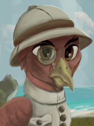 Size: 1280x1724 | Tagged: safe, artist:monx94, derpibooru import, oc, oc only, griffon, equestria at war mod, angry, bust, colonizer, dutch, hat, monocle, old, portrait, simple background, solo