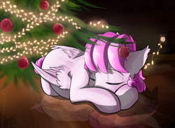 Size: 1410x1031 | Tagged: safe, artist:yuris, derpibooru import, oc, oc only, oc:flutter cat, pegasus, pony, christmas, garland, holiday, solo, tree