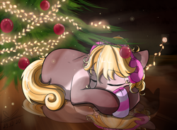 Size: 1410x1031 | Tagged: safe, artist:yuris, derpibooru import, oc, oc only, earth pony, pony, christmas, garland, holiday, solo, tree