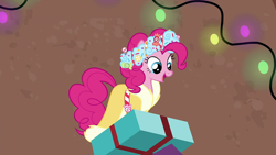 Size: 1920x1080 | Tagged: safe, derpibooru import, screencap, pinkie pie, earth pony, pony, a hearth's warming tail, clothes, female, mare, present, solo, spirit of hearth's warming presents